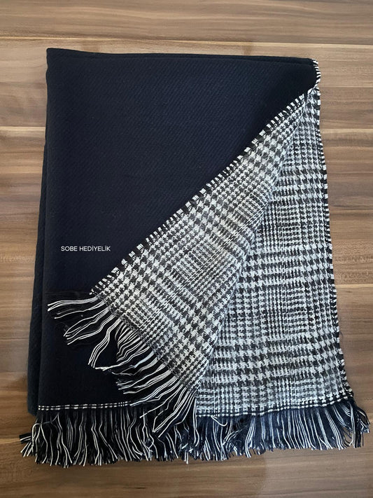 Kışlık Yünlü Çift Taraflı Ekose Şal - Lacivert