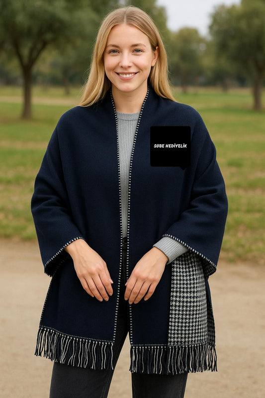 Kışlık Yünlü Çift Taraflı Ekose Şal - Lacivert