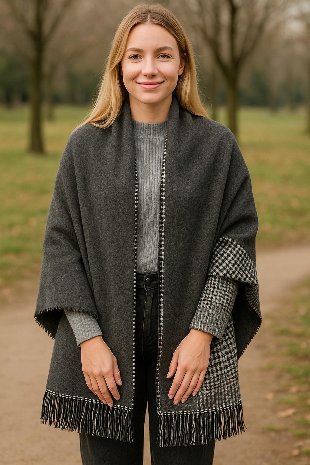 Kışlık Yünlü Çift Taraflı Ekose Şal - Gri