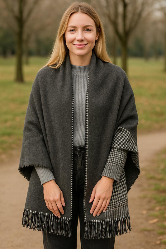 Kışlık Yünlü Çift Taraflı Ekose Şal - Gri