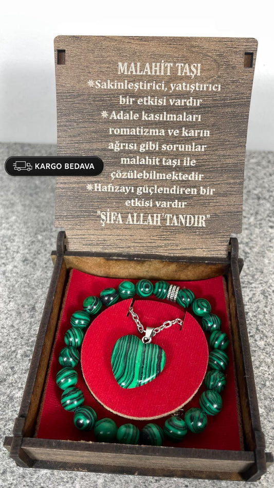 Malahit Taşı Kolye & Bileklik Seti – Özel Ahşap Kutulu