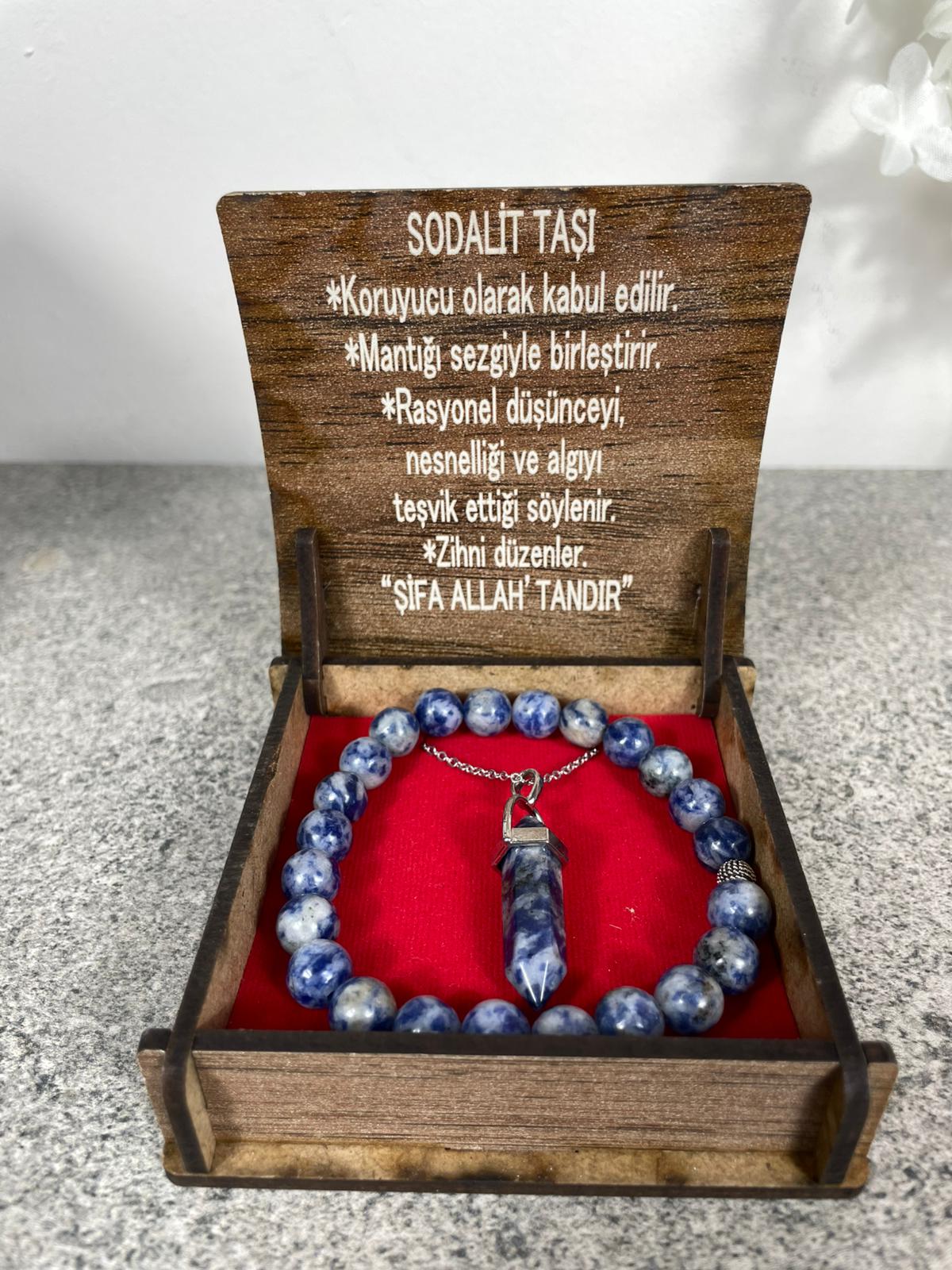 Sodalit Doğal Taş Kolye & Bileklik Seti – Özel Ahşap Kutulu