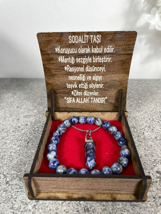 Sodalit Doğal Taş Kolye & Bileklik Seti – Özel Ahşap Kutulu