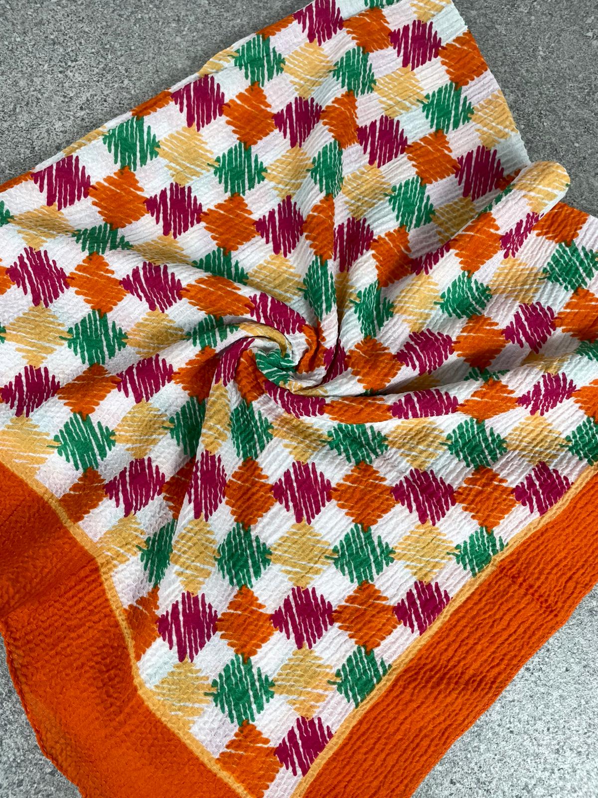 Turuncu Kraş Dokulu Renkli Geometrik Desenli Yazma