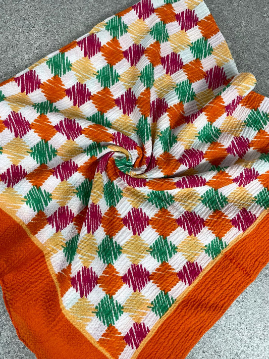 Turuncu Kraş Dokulu Renkli Geometrik Desenli Yazma