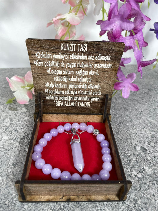 Kunzit Doğal Taş Kolye & Bileklik Seti – Özel Ahşap Kutulu