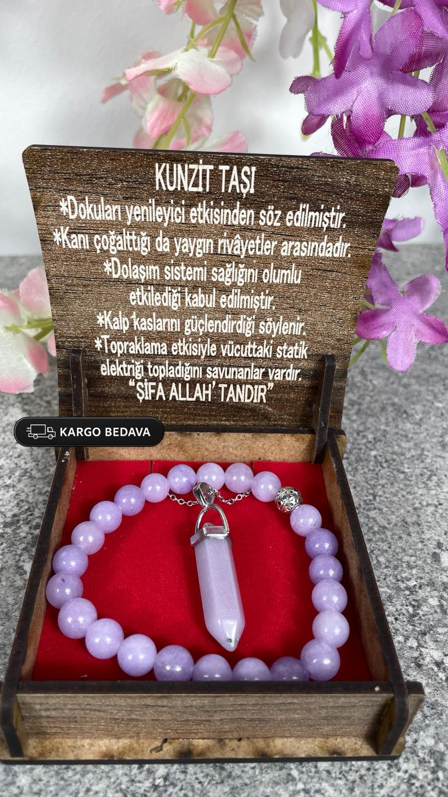 Kunzit Doğal Taş Kolye & Bileklik Seti – Özel Ahşap Kutulu