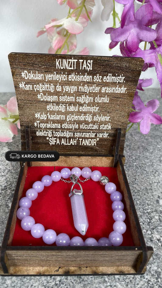 Kunzit Doğal Taş Kolye & Bileklik Seti – Özel Ahşap Kutulu