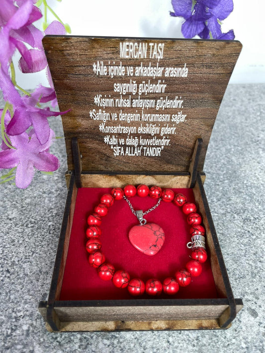 Mercan Taşı Bileklik & Kolye Seti - Şık Ahşap Kutulu
