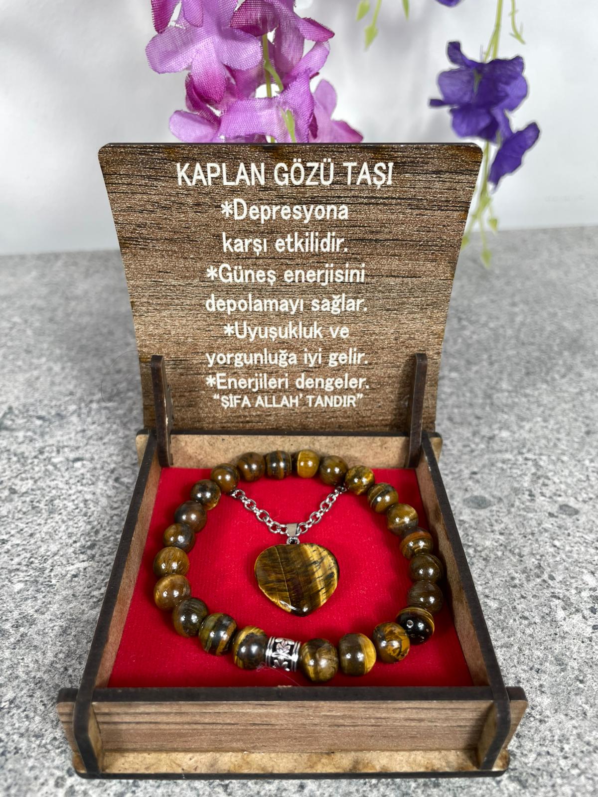 Kaplan Gözü Doğal Taş Kolye & Bileklik Seti – Özel Ahşap Kutulu