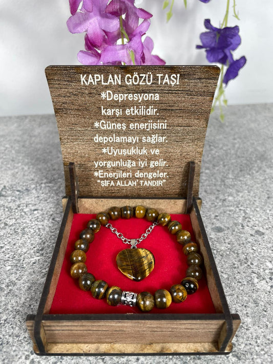 Kaplan Gözü Doğal Taş Kolye & Bileklik Seti – Özel Ahşap Kutulu