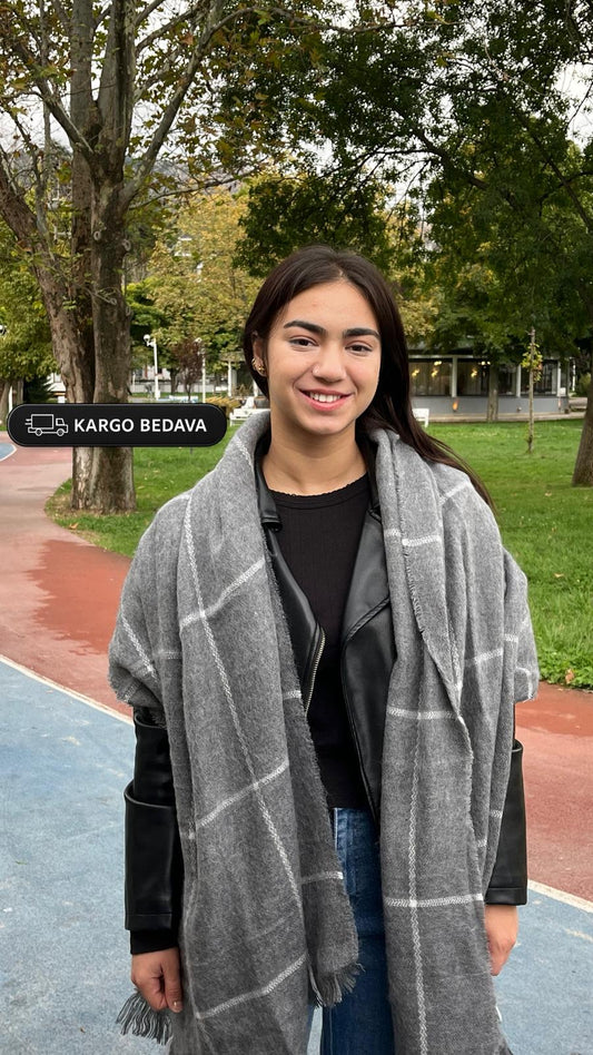 Gri Ekose Yumuşak Dokulu Kışlık Şal