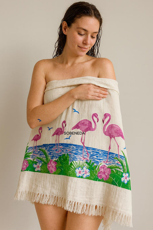 Müslin Kumaş Flamingo Desenli Peştemal