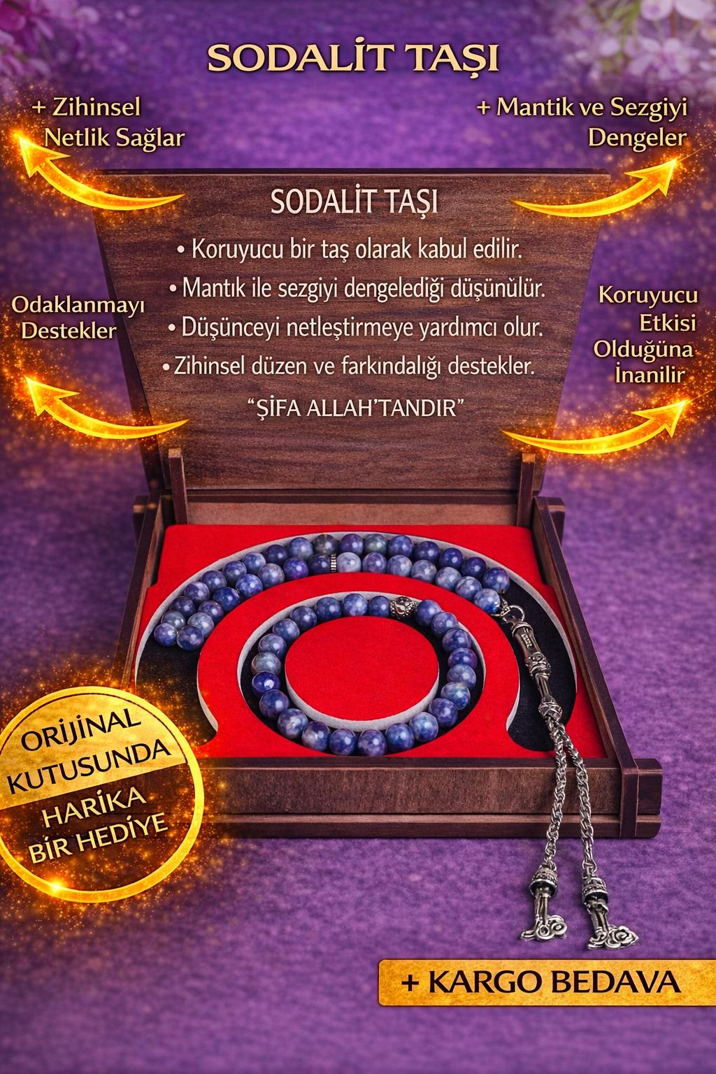 Sodalit Taşı Tesbih & Bileklik Seti - Şık Ahşap Kutulu