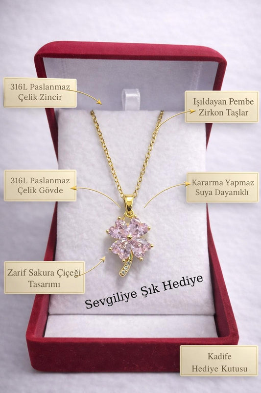 Sakura Çiçeği Kolye – Pembe Zirkon Taşlı, Kadife Kutulu Kadın Kolye