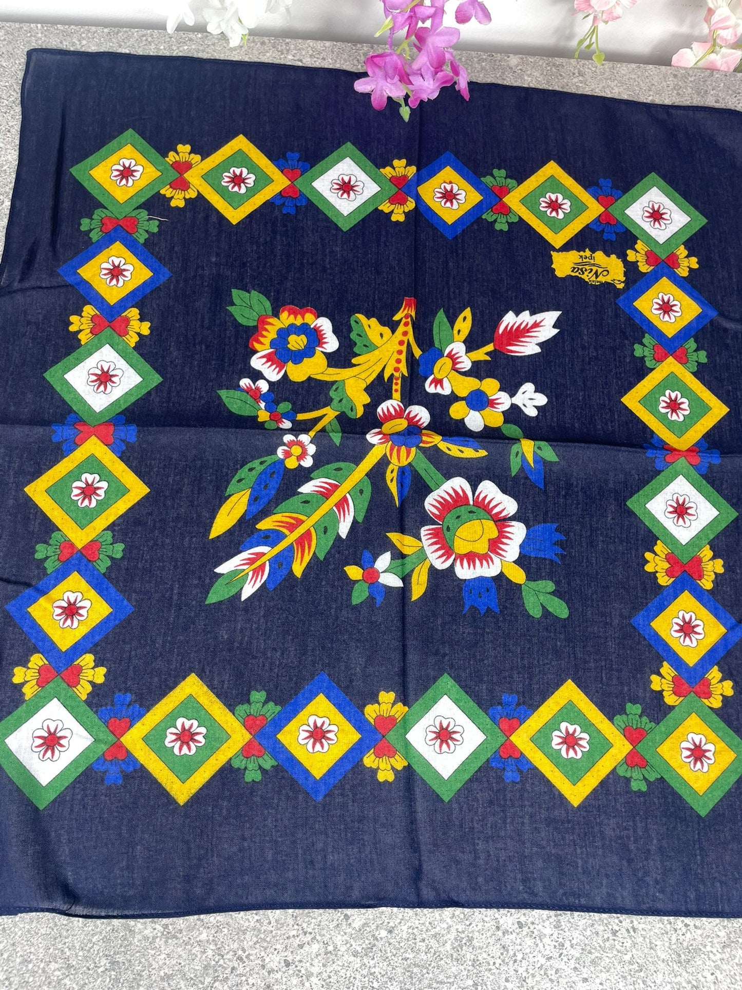 Lacivert Çengelköy Desen Bandana – 55×55 cm