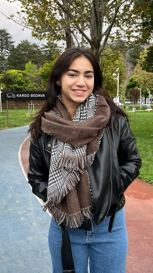 Kışlık Yünlü Çift Taraflı Ekose Şal - Kahverengi