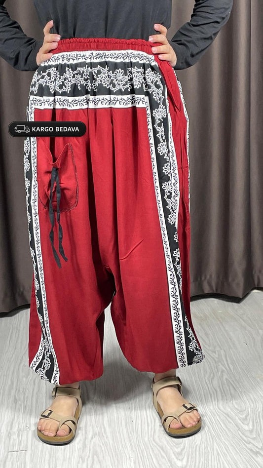 Bordo Etnik Desenli Rahat Kesim Şalvar