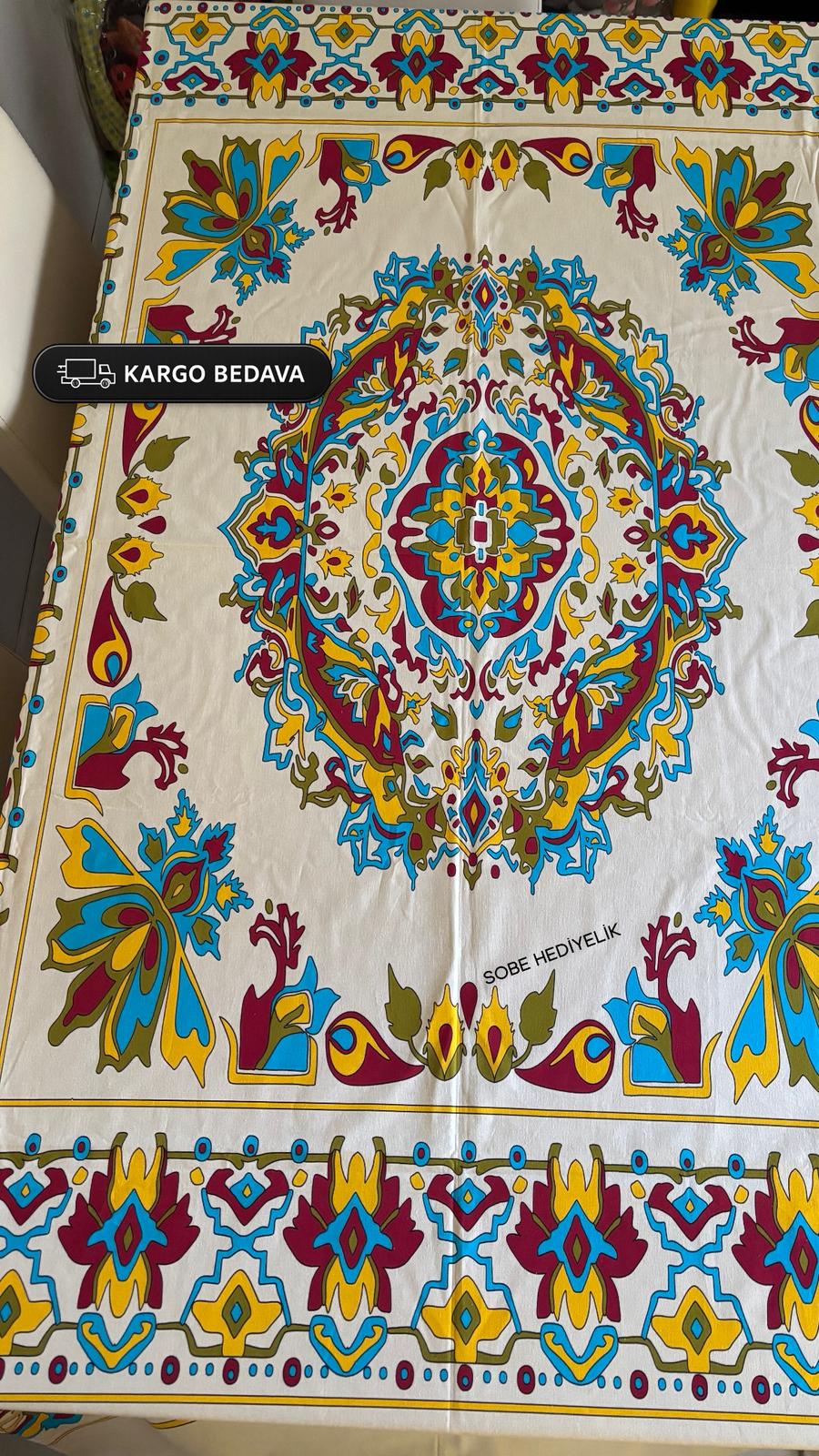 Krem Etnik Motifli Dikdörtgen Masa Örtüsü – 230×175 cm