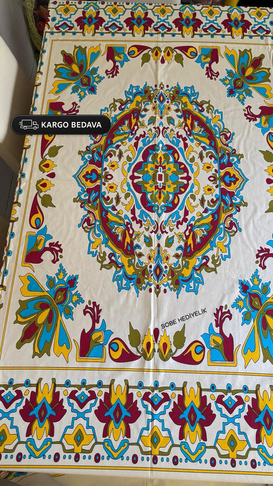 Krem Etnik Motifli Dikdörtgen Masa Örtüsü – 230×175 cm