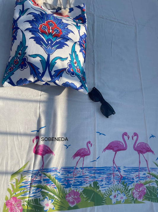 Flamingo Desenli Bambu Kumaş Peştemal
