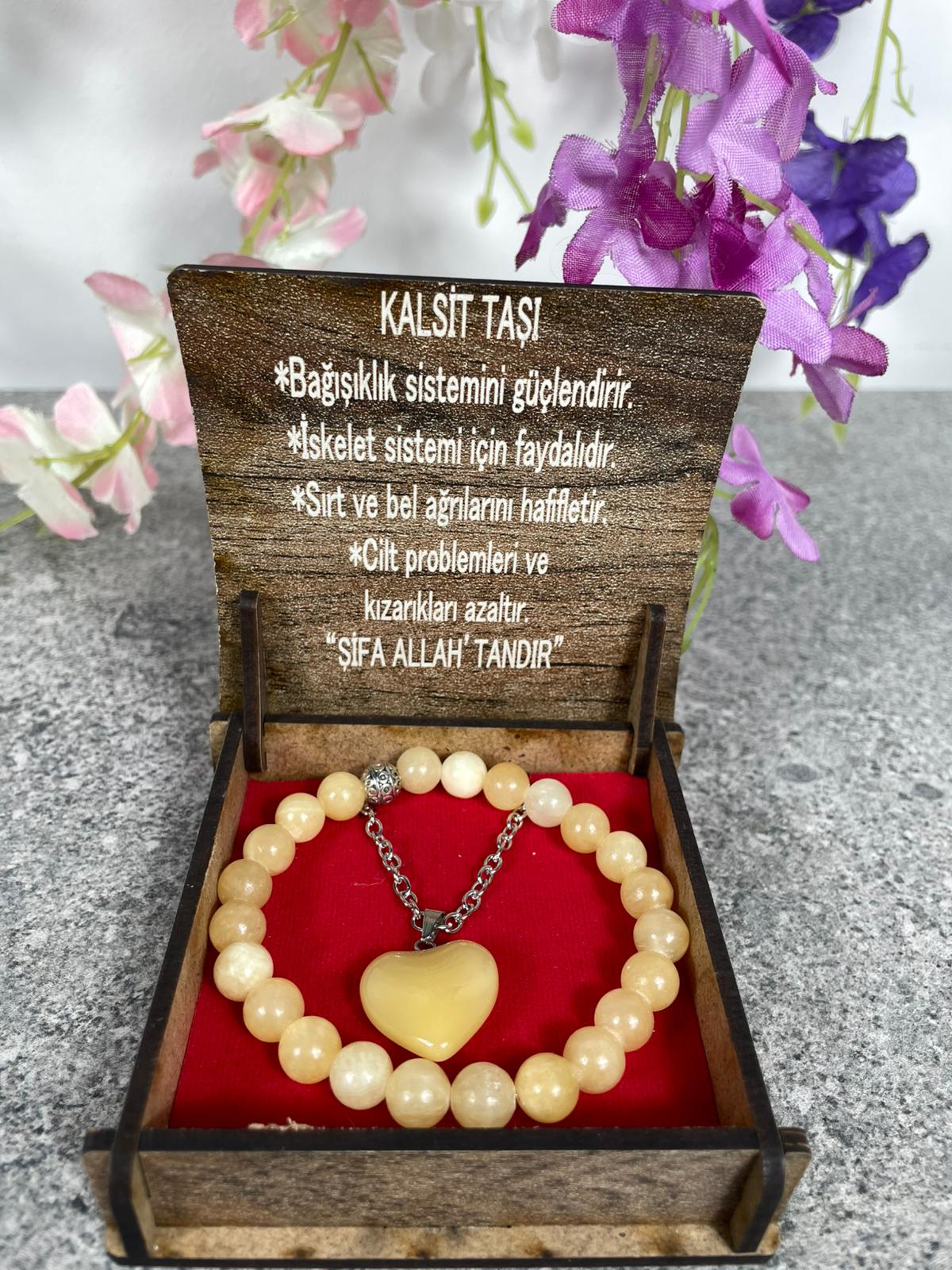 Kalsit Taşı Doğal Kolye & Bileklik Seti – Özel Ahşap Kutulu