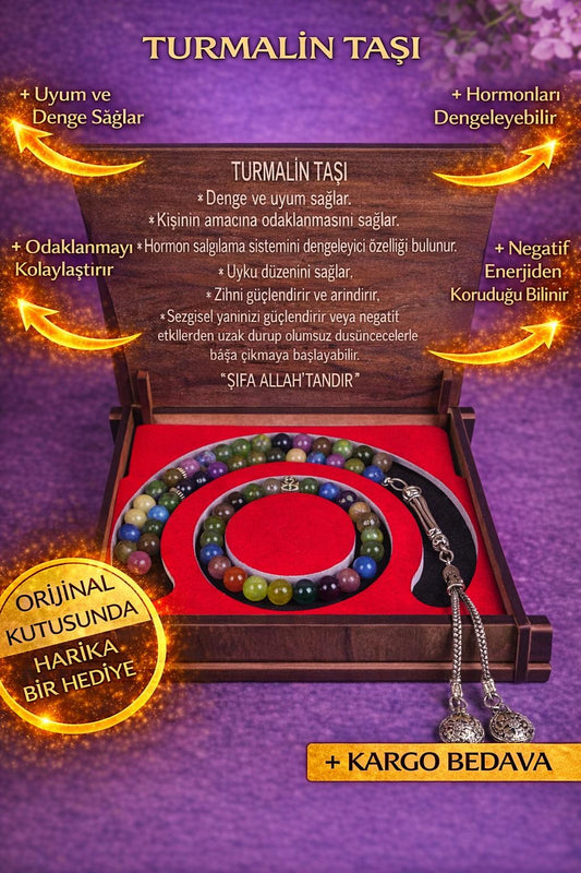 Turmalin Taşı Tesbih & Bileklik Seti - Şık Ahşap Kutulu