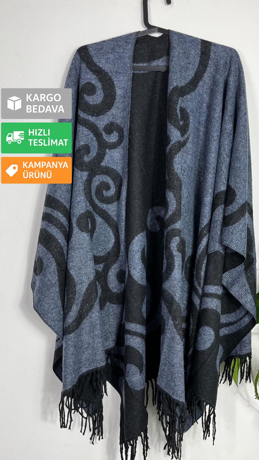 Indigo Mavi Çift Taraflı Yünlü Desenli Kadın Panço