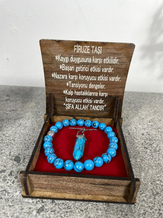 Firuze Taşı Kolye & Bileklik Seti – Özel Ahşap Kutulu