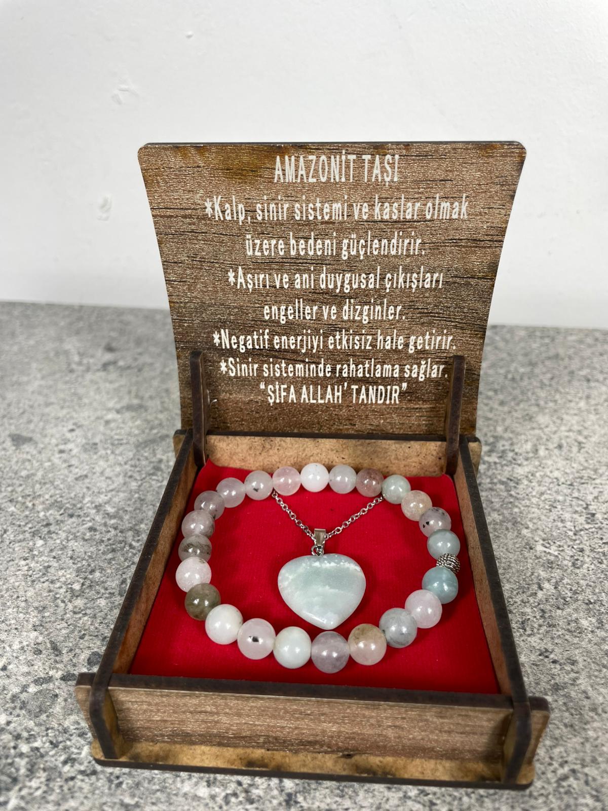 Amazonit Taşı Kolye & Bileklik Seti – Özel Ahşap Kutulu