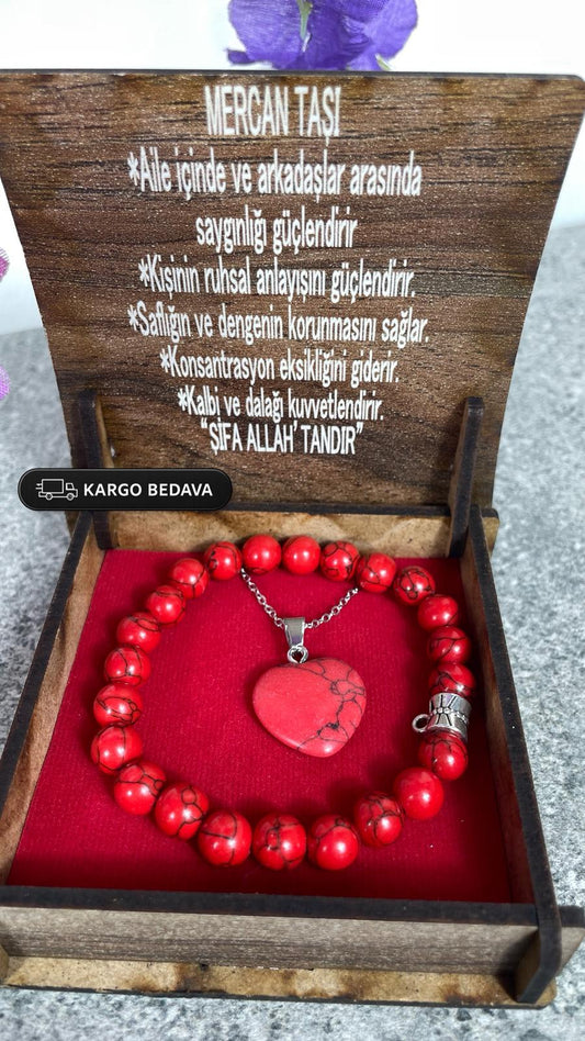 Mercan Taşı Bileklik & Kolye Seti - Şık Ahşap Kutulu