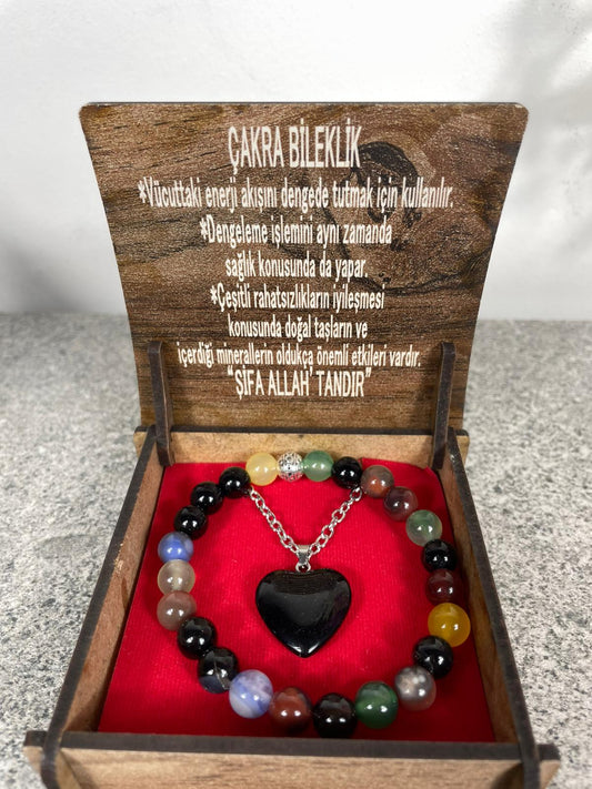Çakra Taşı Doğal Taş Kolye & Bileklik Seti – Özel Ahşap Kutulu