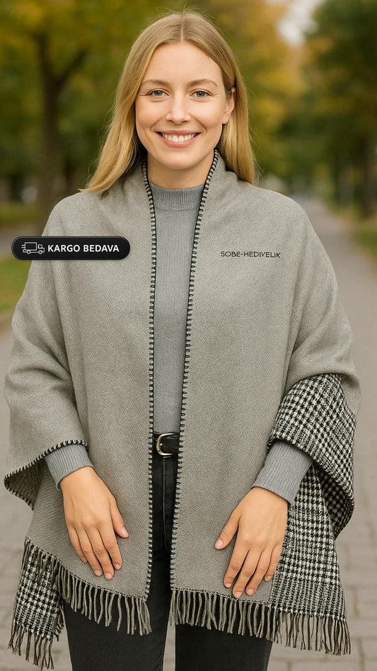 Kışlık Yünlü Çift Taraflı Ekose Şal - Gri