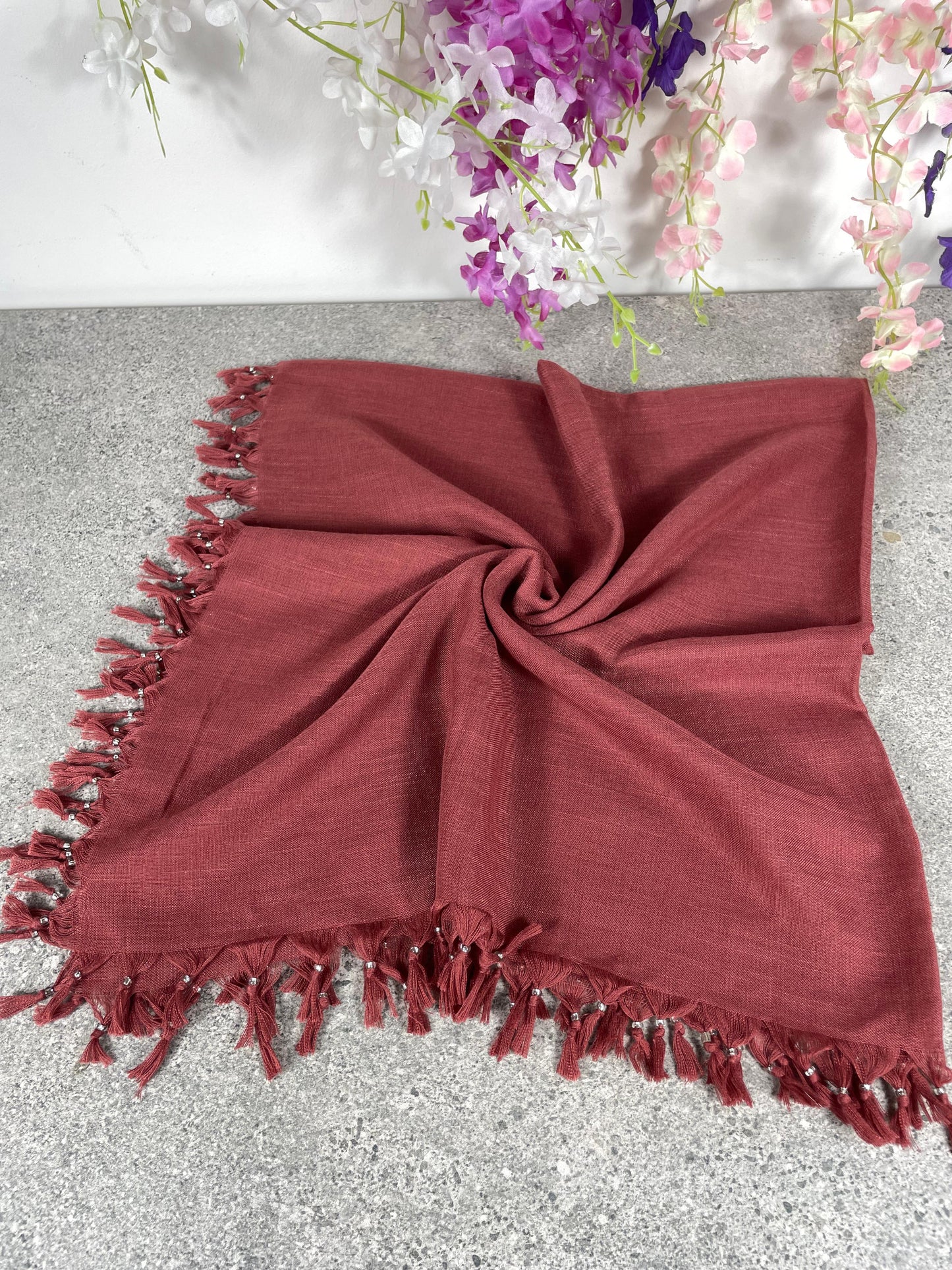 Püsküllü Pamuklu Yazma - Gül Kurusu