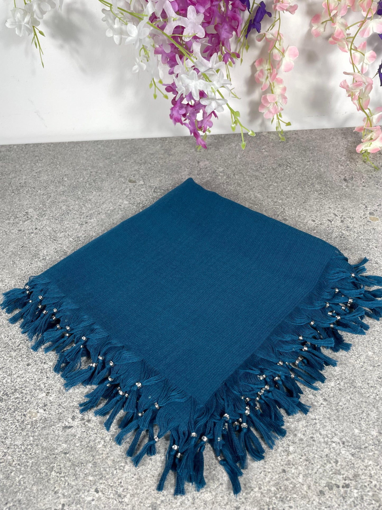 Püsküllü Pamuklu Yazma - Petrol Mavisi