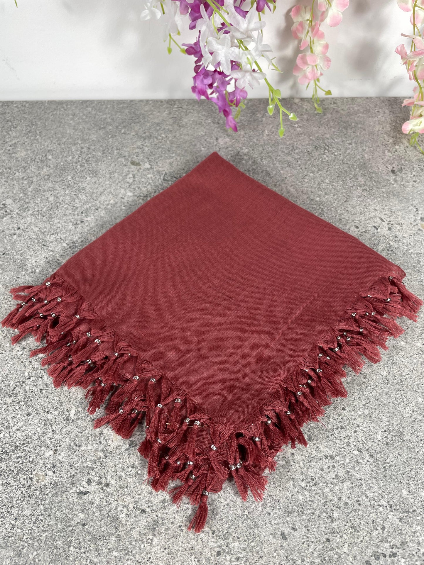 Püsküllü Pamuklu Yazma - Gül Kurusu