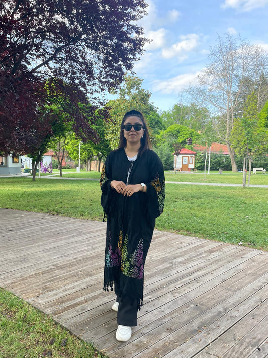 Siyah Etnik Desenli Kaftan Kimono