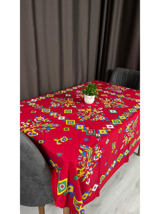 Yöresel Tokat Çiçek Desenli 170x170 Kare Masa Örtüsü - Kırmızı