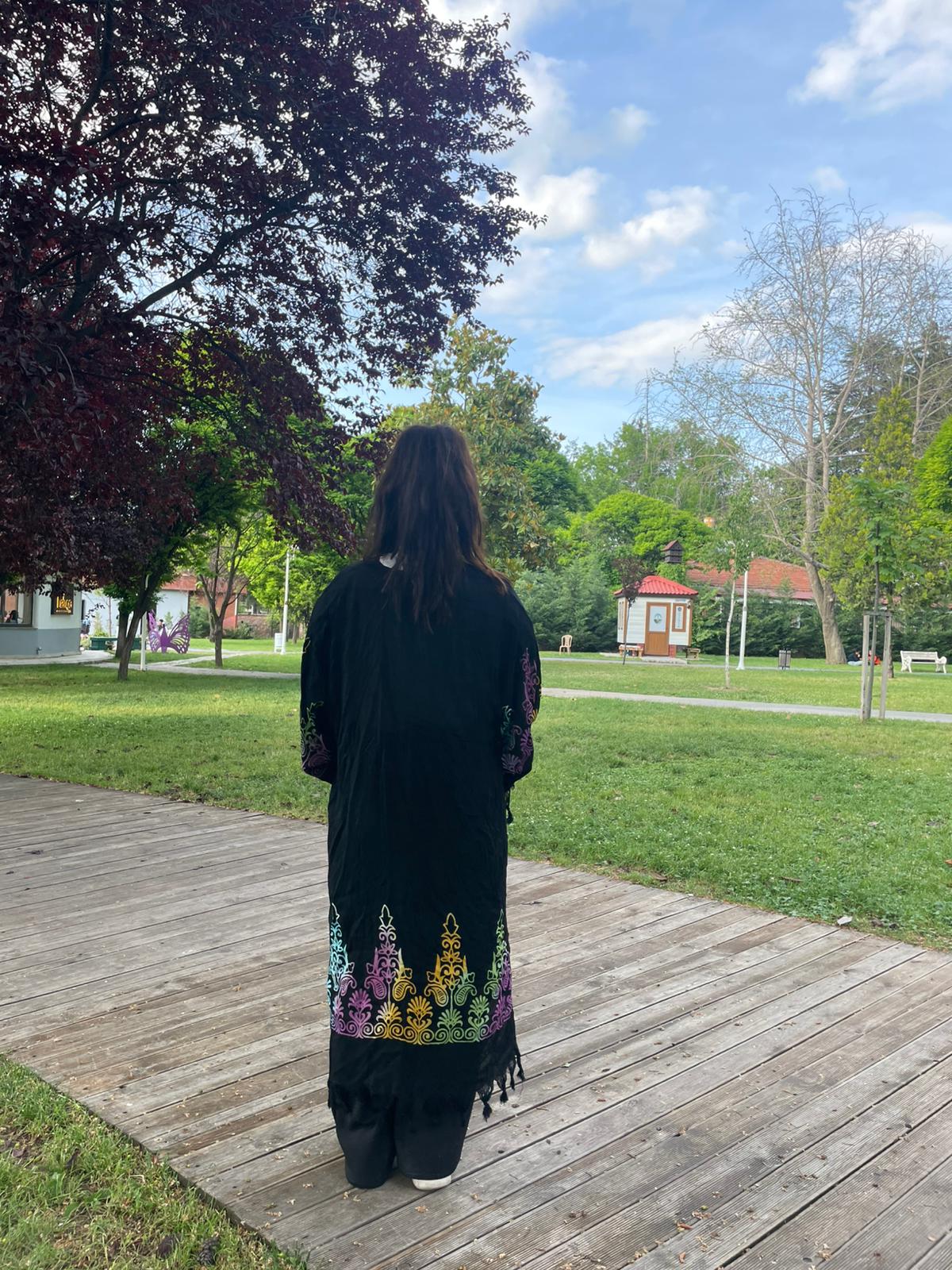 Siyah Etnik Desenli Kaftan Kimono