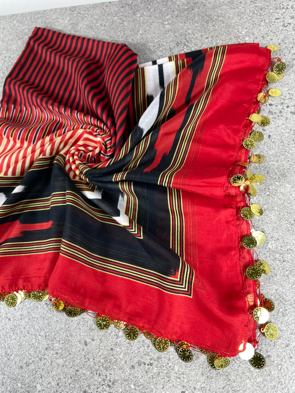 Kırmızı Siyah Desenli Pullu Yöresel Yazma – 100x100 cm | Karadeniz Modeli Çeyizlik & Günlük Başörtüsü