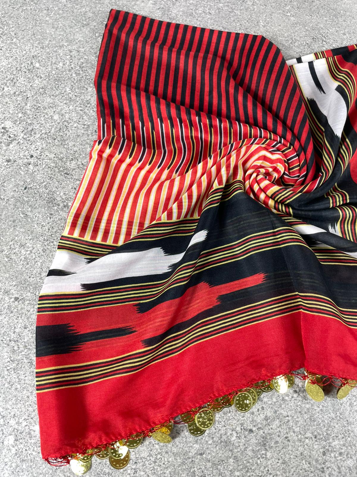 Kırmızı Siyah Desenli Pullu Yöresel Yazma – 100x100 cm | Karadeniz Modeli Çeyizlik & Günlük Başörtüsü