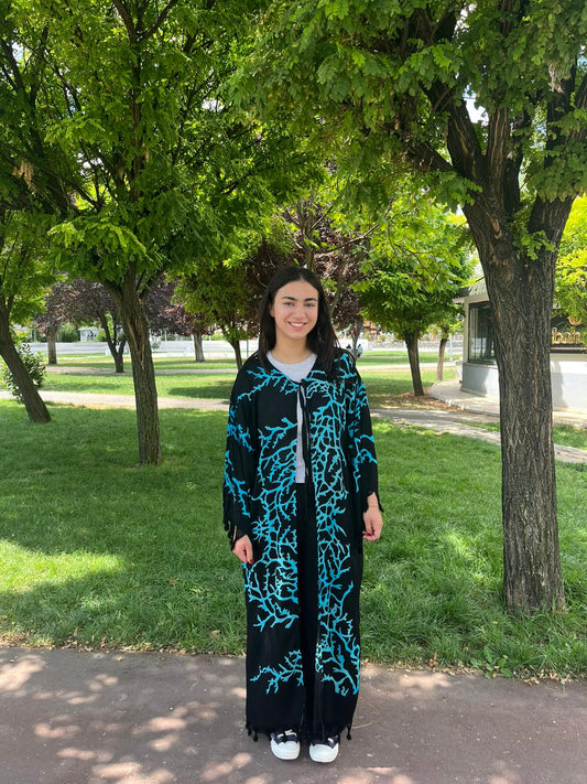 Siyah Turkuaz Desenli Kaftan Kimono