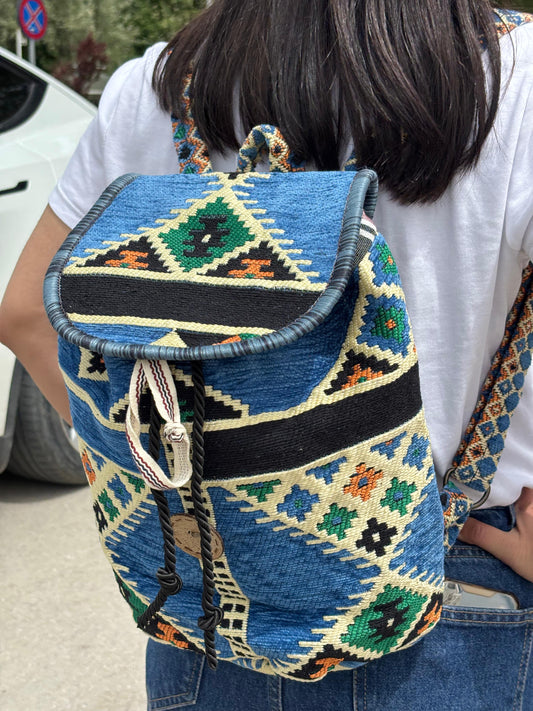 Mavi Etnik Dokuma Bohem Sırt Çantası