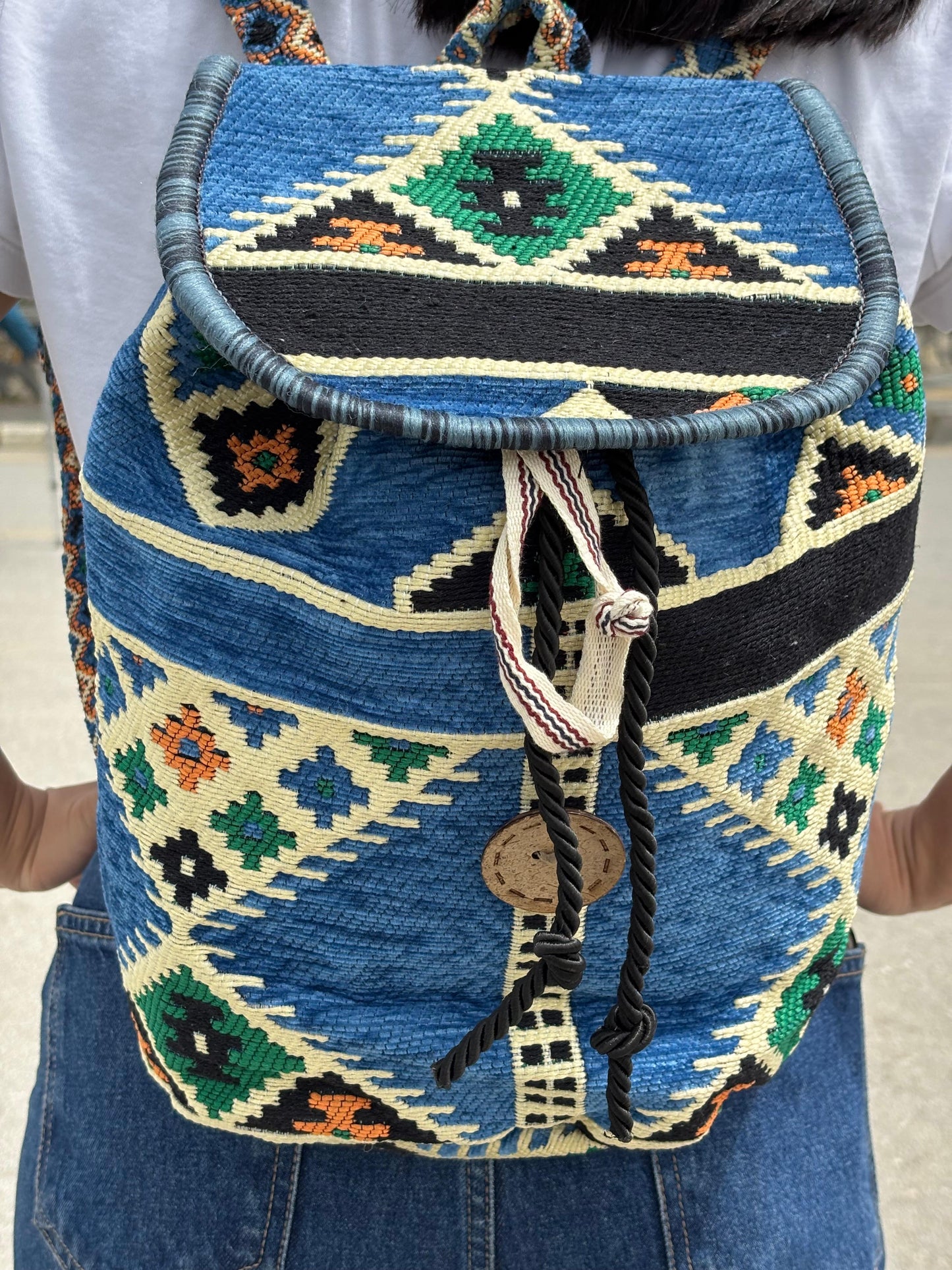 Mavi Etnik Dokuma Bohem Sırt Çantası