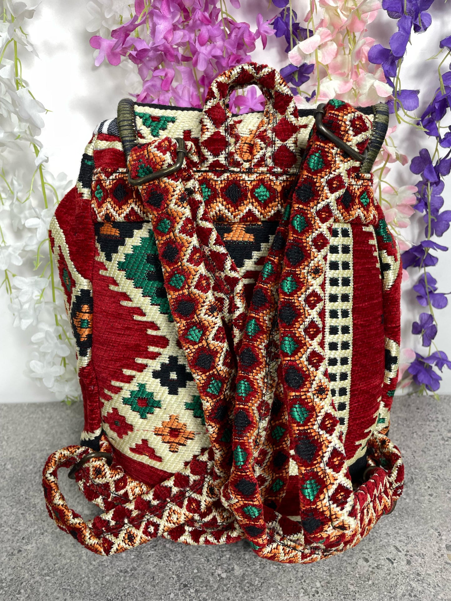 Kırmızı Etnik Dokuma Otantik Sırt Çantası