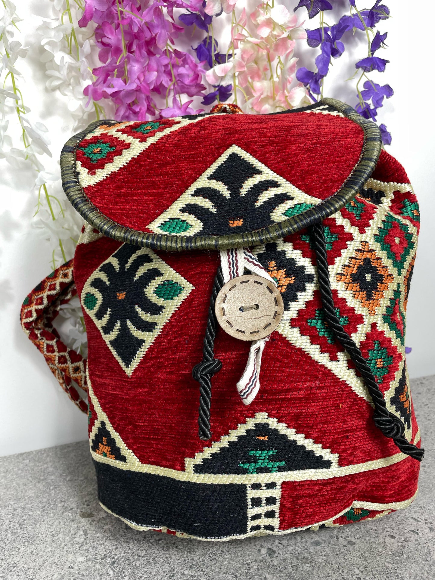 Kırmızı Etnik Dokuma Otantik Sırt Çantası