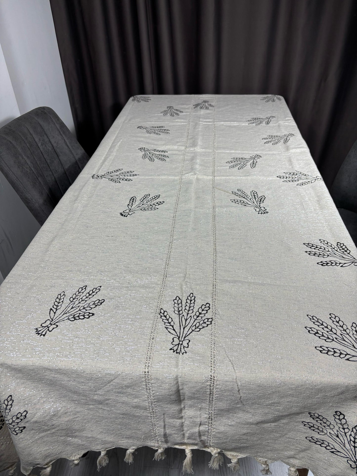 Lavanta Desenli Dokuma Kumaş Dikdörtgen Tahta Baskı Masa Örtüsü