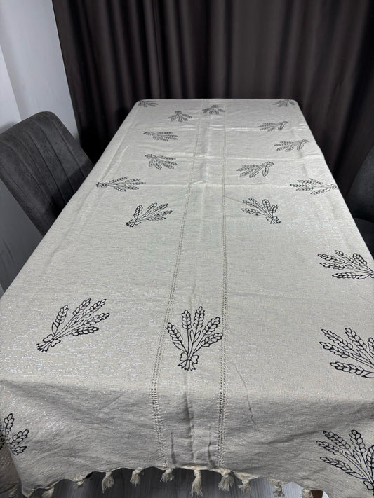Lavanta Desenli Dokuma Kumaş Dikdörtgen Tahta Baskı Masa Örtüsü