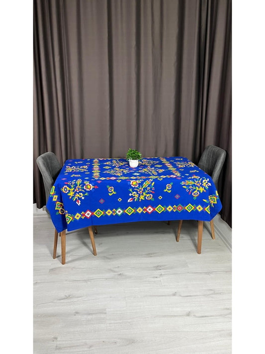 Yöresel Tokat Çiçek Desenli 170x170 Kare Masa Örtüsü - Mavi