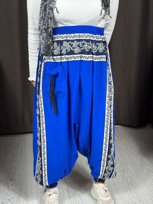 Mavi Etnik Desenli Rahat Kesim Şalvar